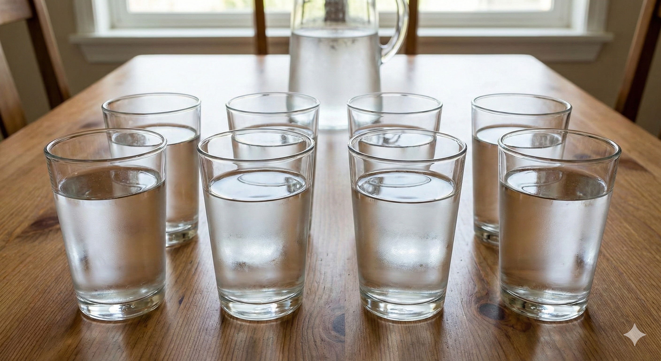 8 glasses of plain water on table