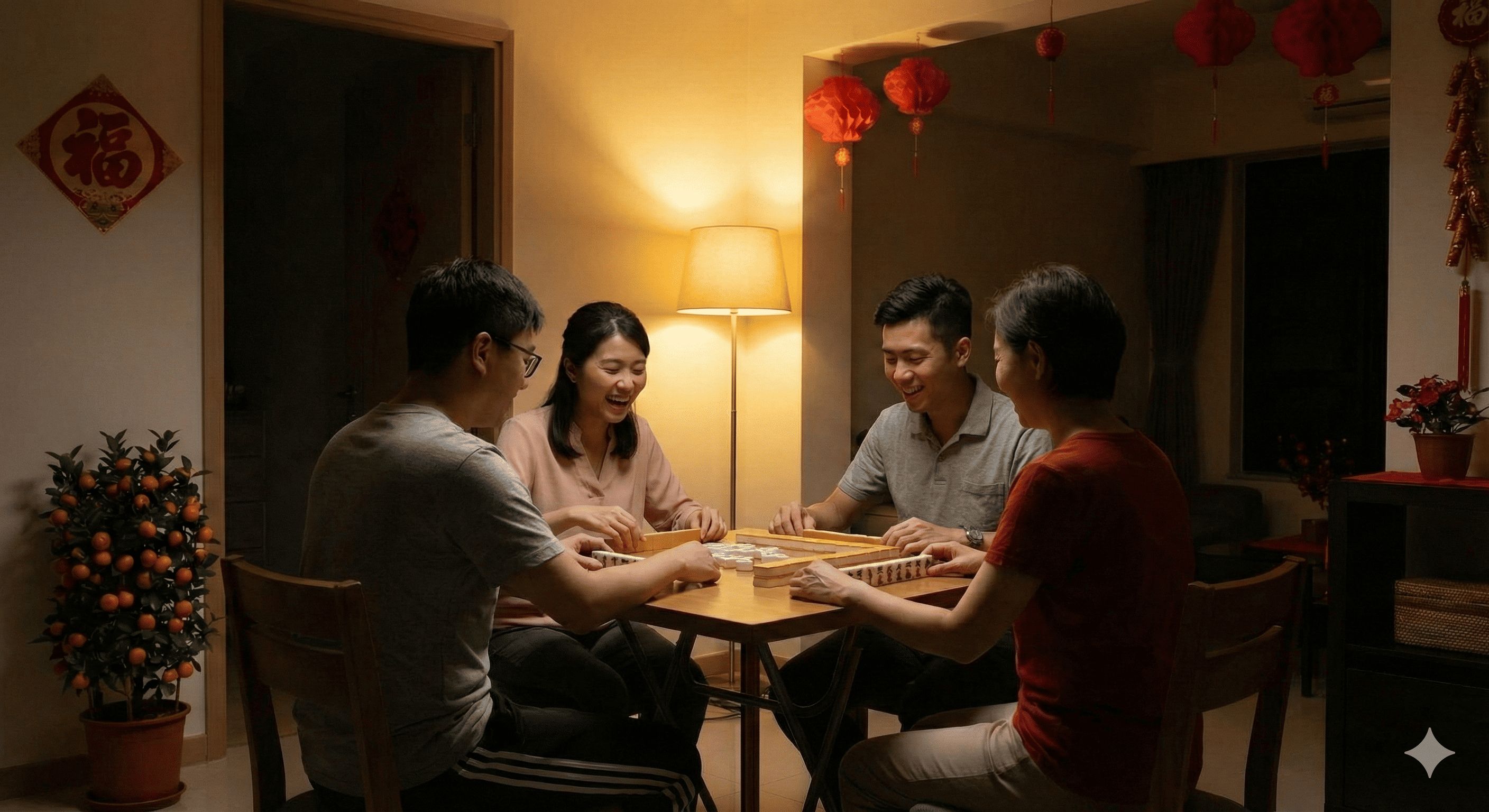 four people playing late-night majong during chinese new year