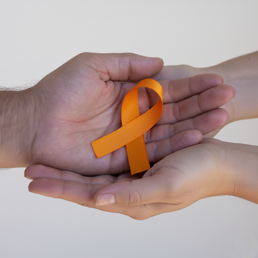 Hands holding Leukaemia orange cancer ribbon