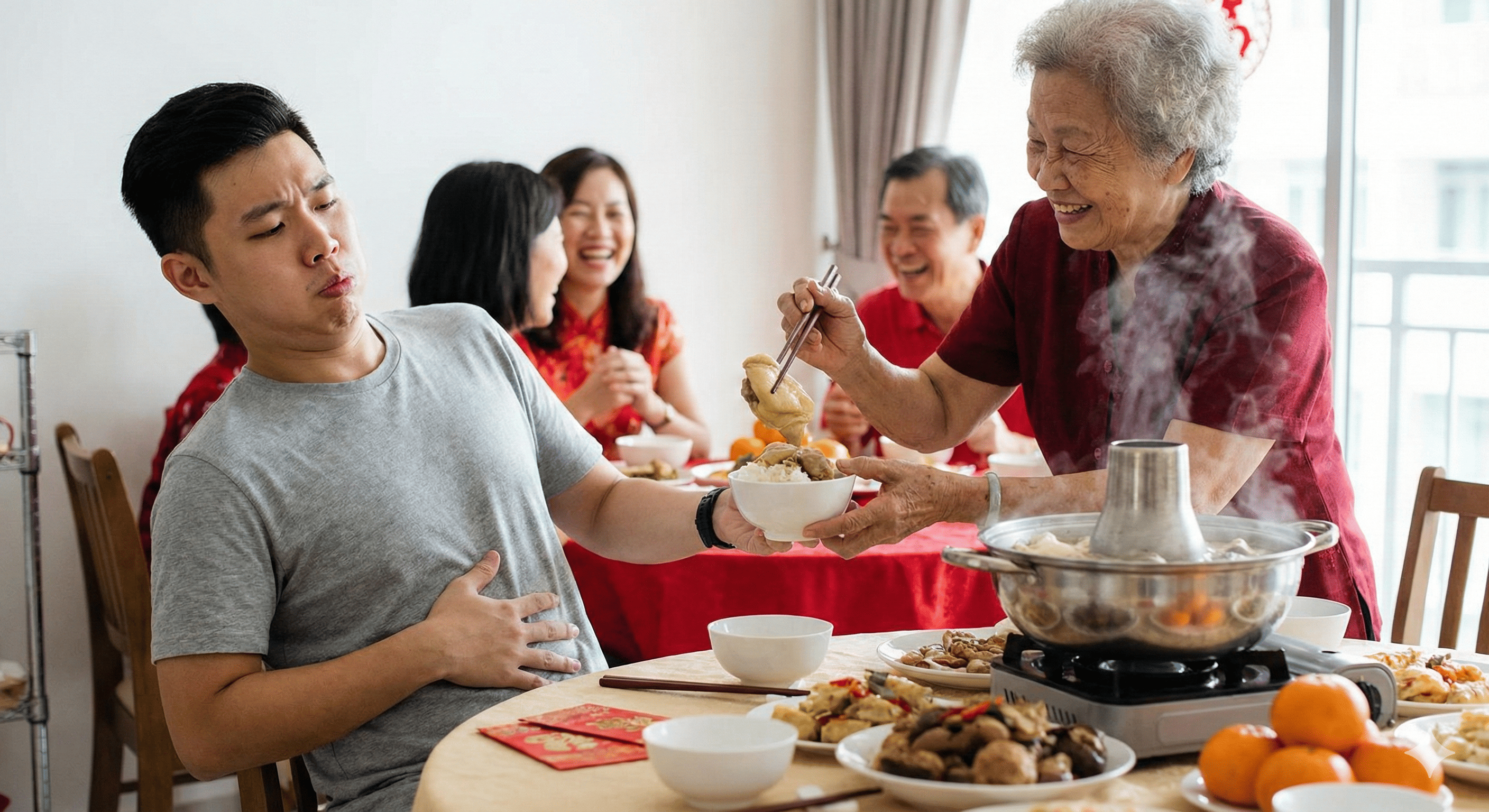 grandmother is giving food to her grandson at reunion dinner, and the grandson looks very full